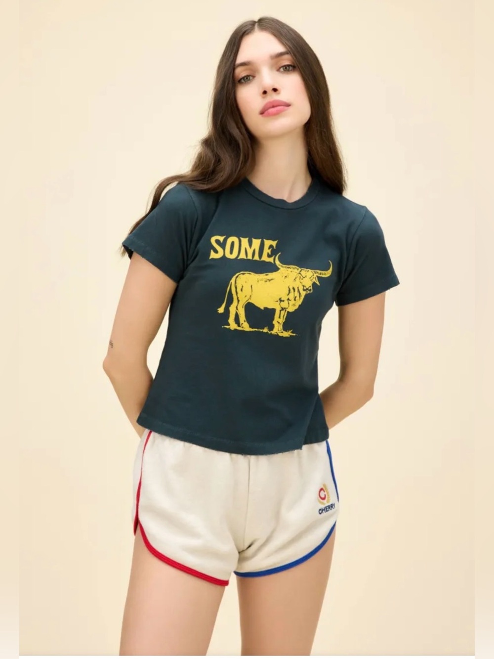 Daydreamer by Free People Graphic Tee with Yellow Bull Print ~ Navy